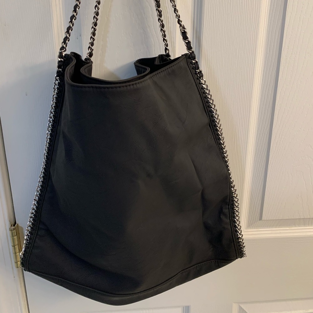 Black nylon tote;  silver chain detail